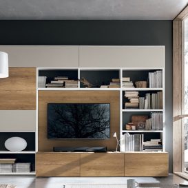 Soggiorno moderno con parete attrezzata e mobile tv a vista 06